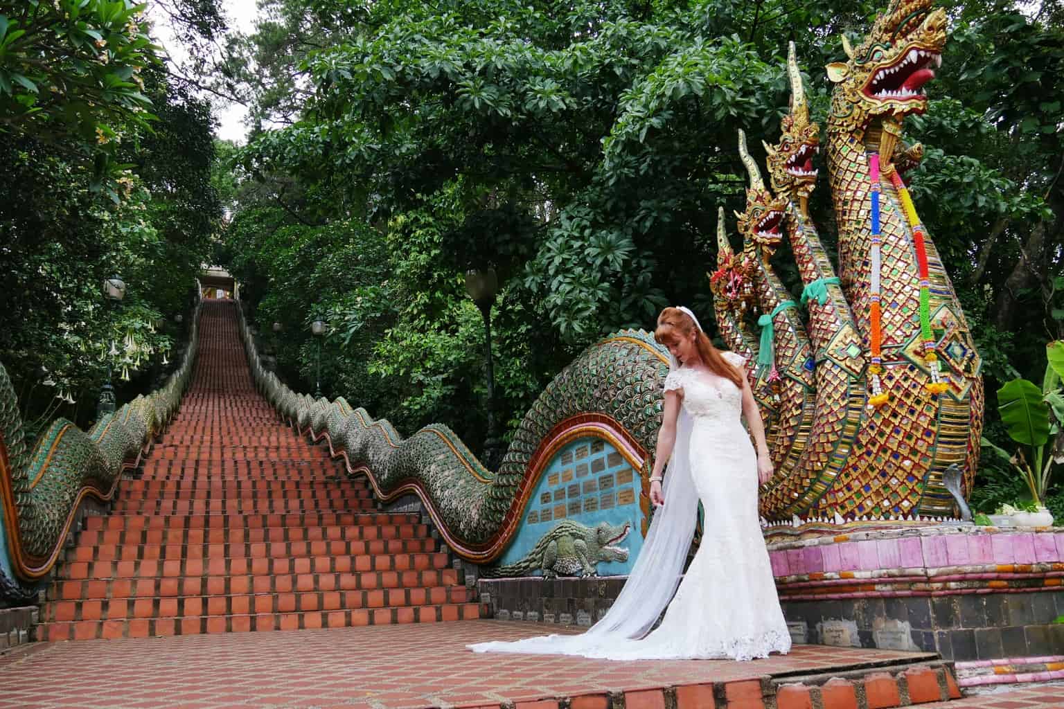 Tegan Marshall The Wandering Wedding Dress At Buddhist Temple Stairs Chiang Mai