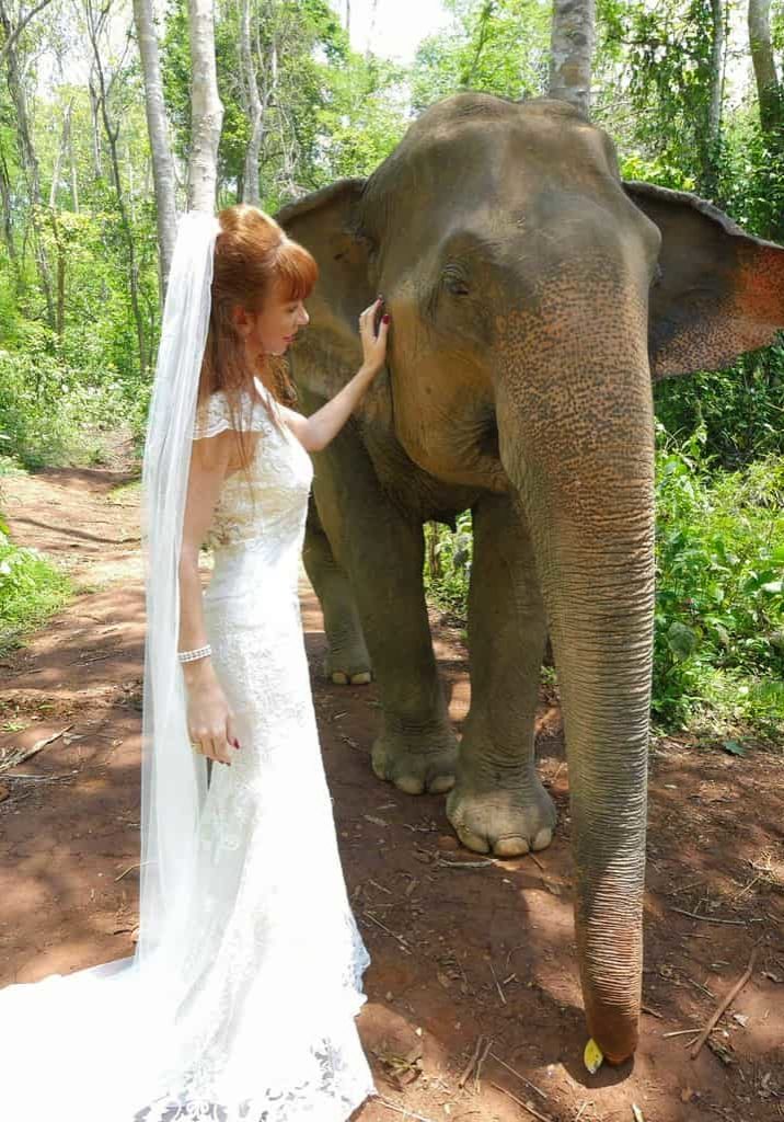 Tegan Marshall Up Close With Elephant While Wearing The Wandering Wedding Dress